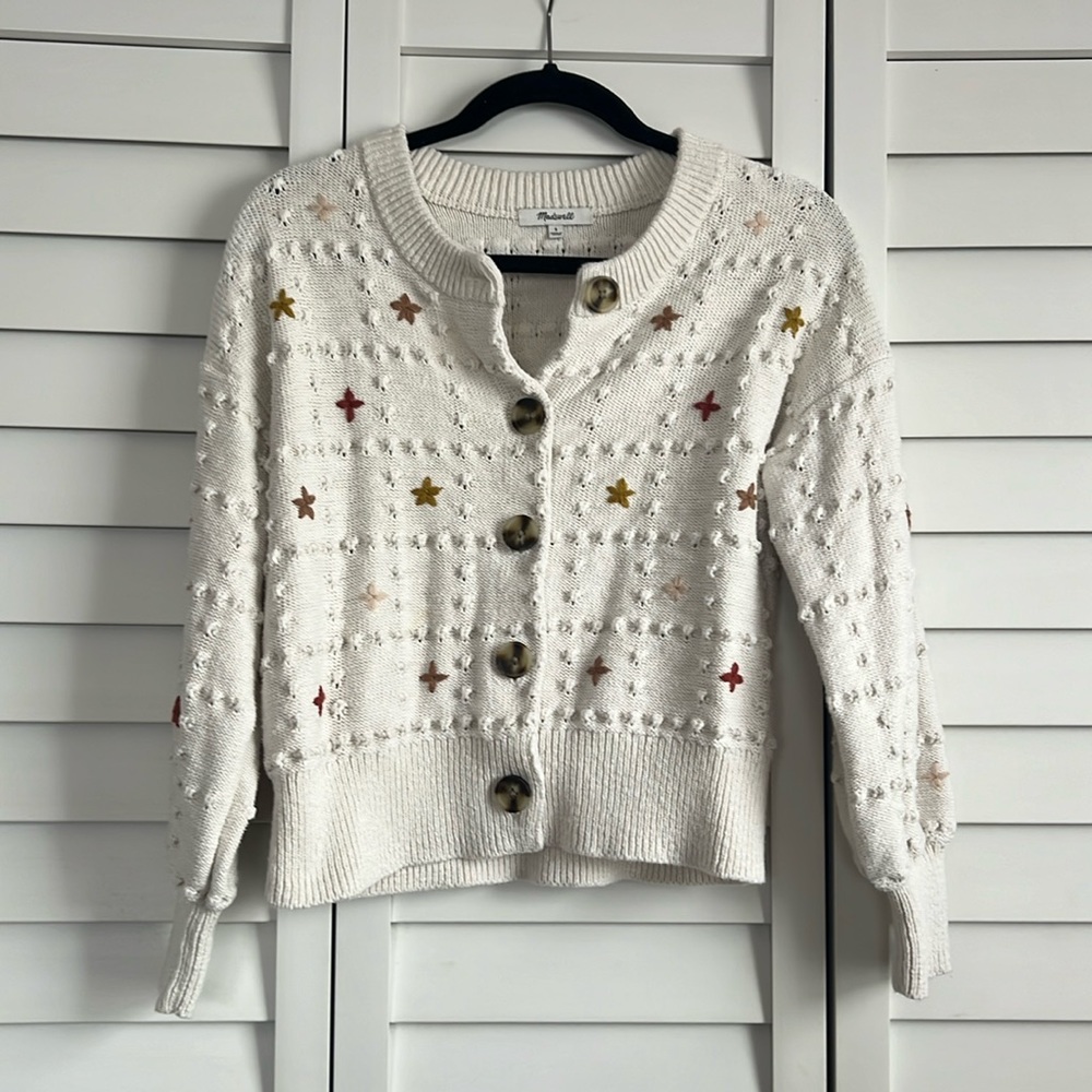 Madewell Button up sweater with embroidered flowers.